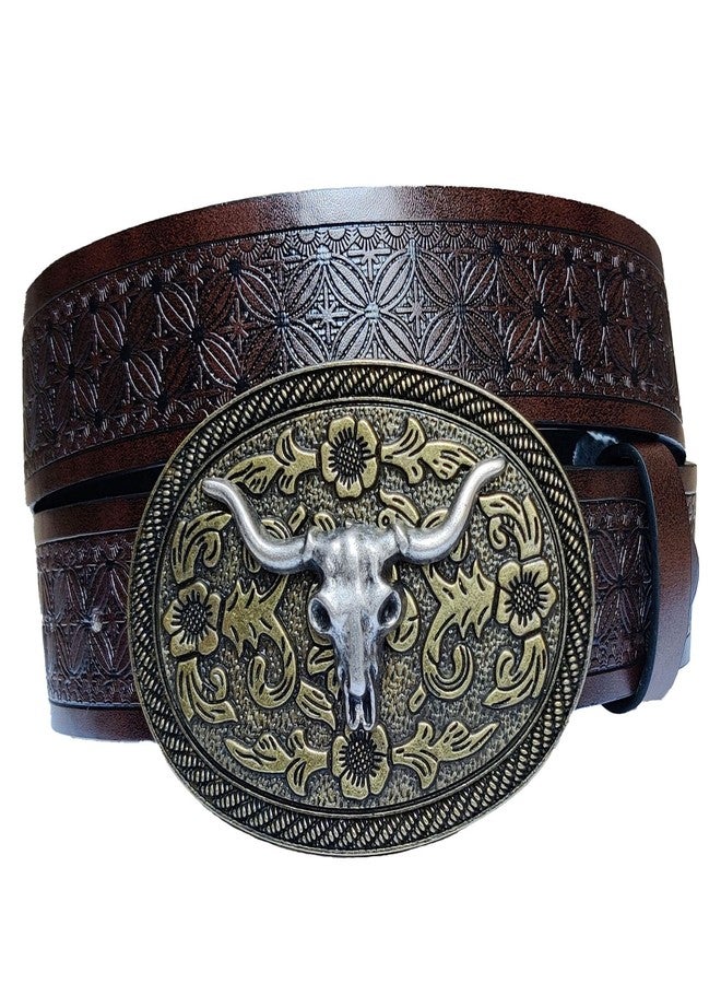 Wojgzon Western Cowboy Cowgirl Belt for Men Women - Embossed PU Leather Longhorn Bull Buckle Country Belt for Jeans 31-35" waist - Image 2